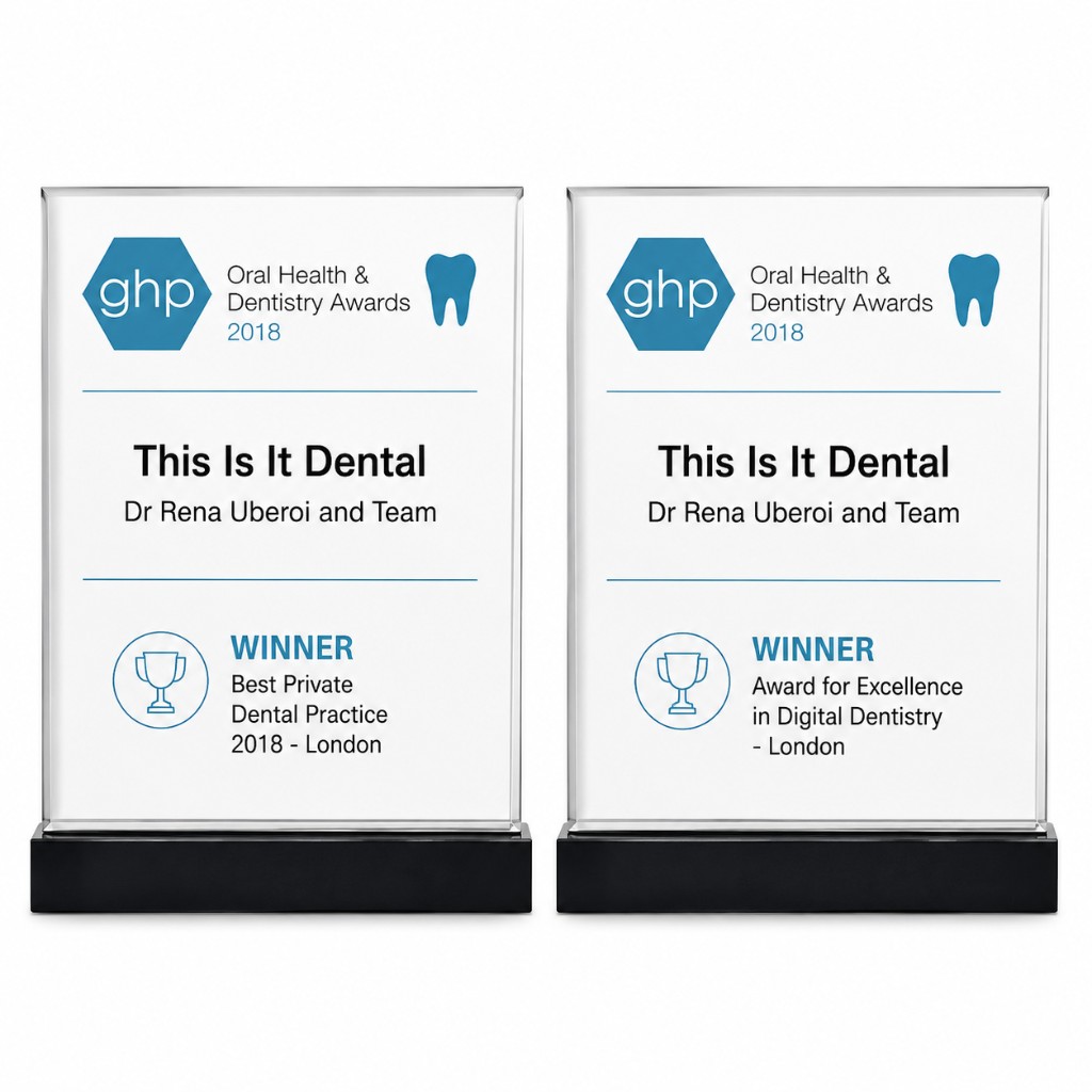 GHP Oral Health and Dentistry Awards 2018 winner plaques for This Is It Dental: Best Private Dental Practice London and Excellence in Digital Dentistry London
