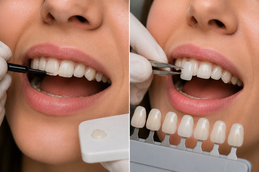 Side-by-side comparison of composite bonding and porcelain veneer application