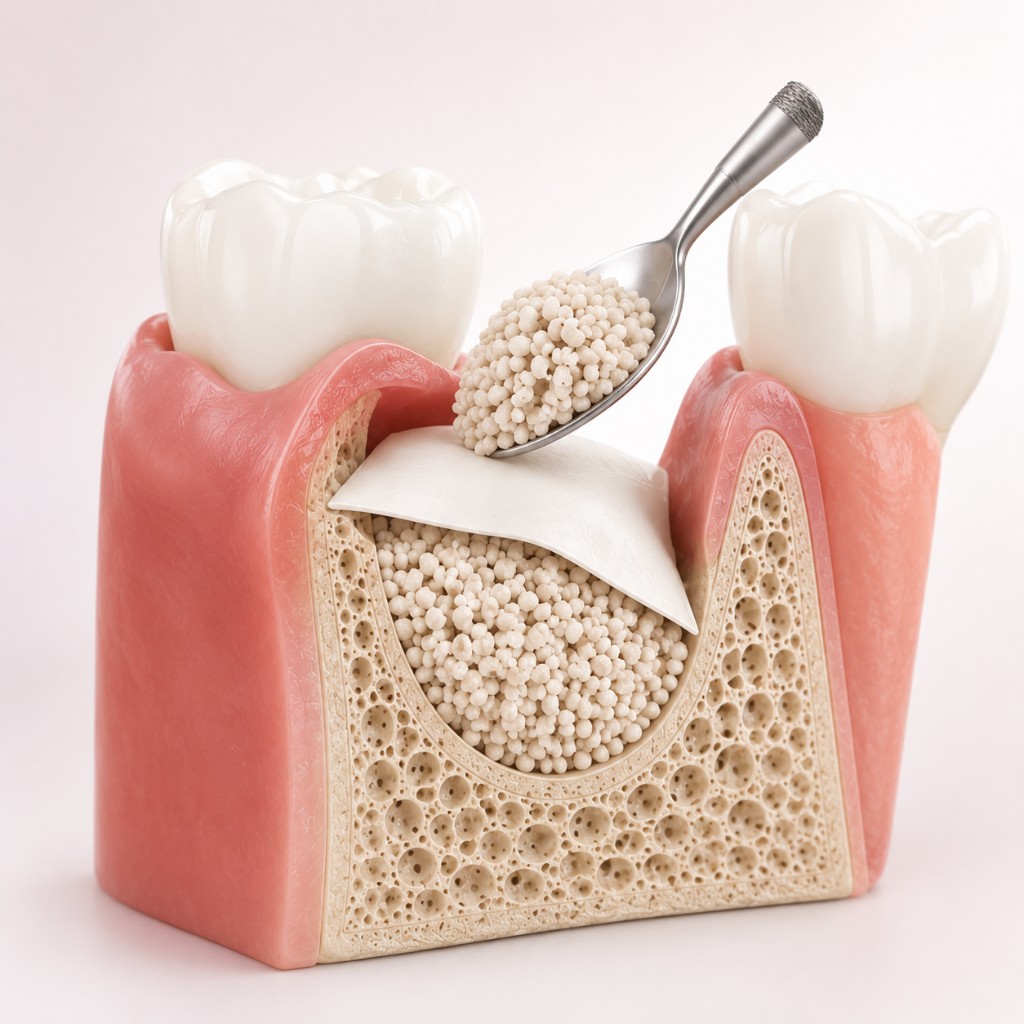 3D illustration of bone graft granules being placed into the jaw with a collagen membrane