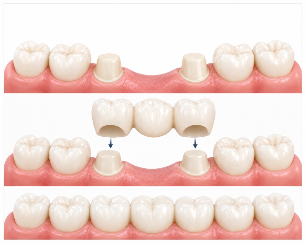 Illustration showing prepared abutment teeth, a three-unit dental bridge, and the completed bridge in place