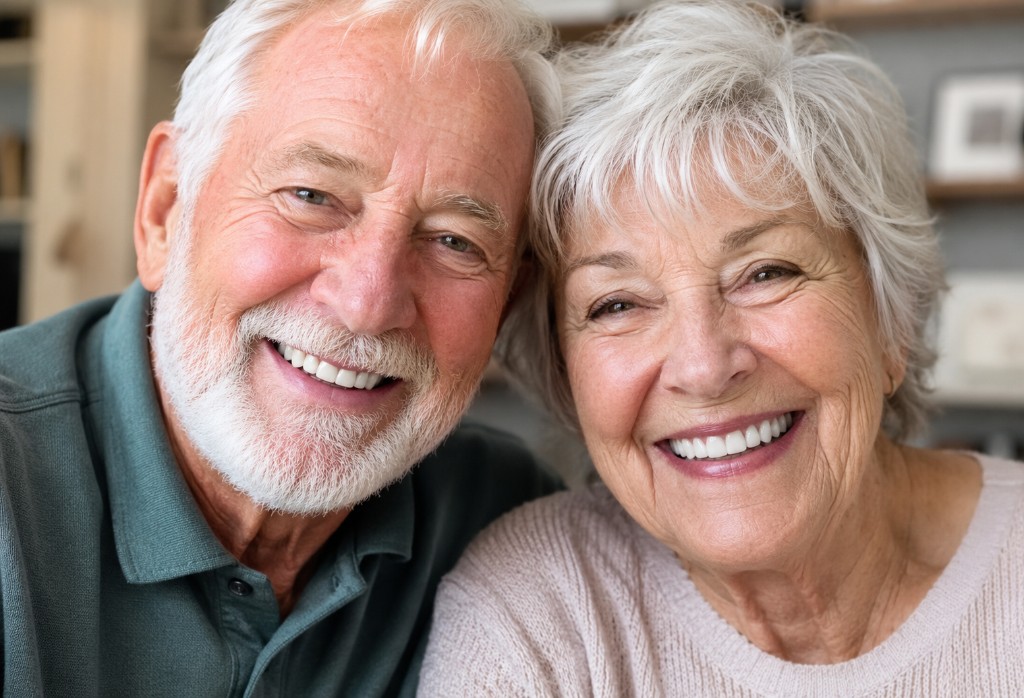 Happy senior couple smiling together with bright, healthy-looking teeth