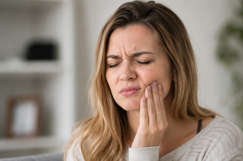 Woman holding her cheek in pain during a dental emergency