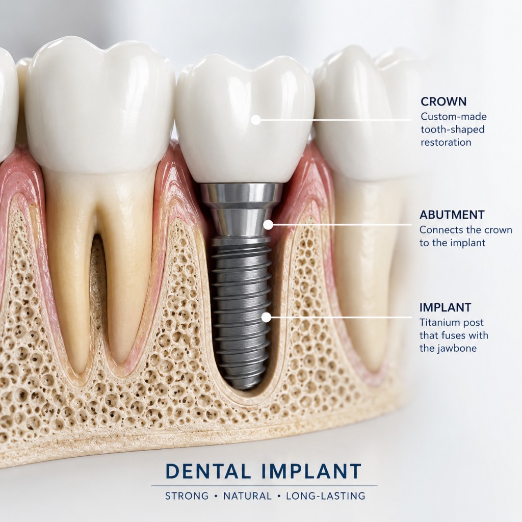 Illustration of a dental implant showing the crown, abutment, and titanium post in the jawbone