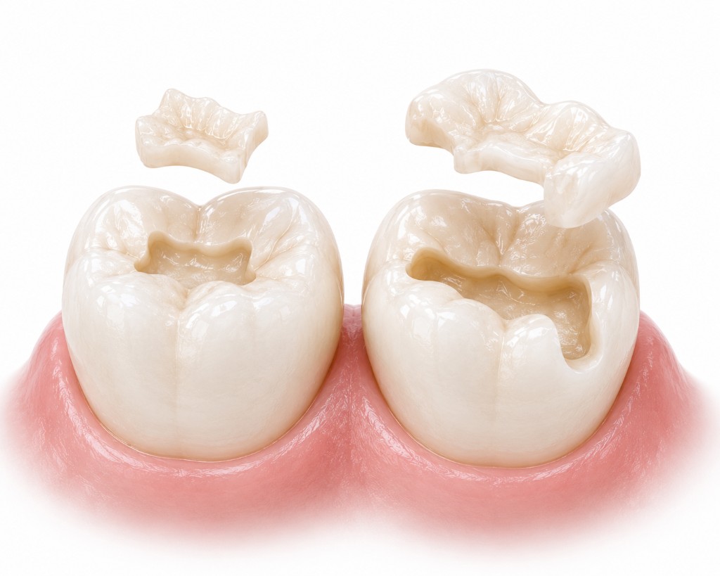 Side-by-side illustration comparing a ceramic inlay and onlay fitted to prepared molar teeth