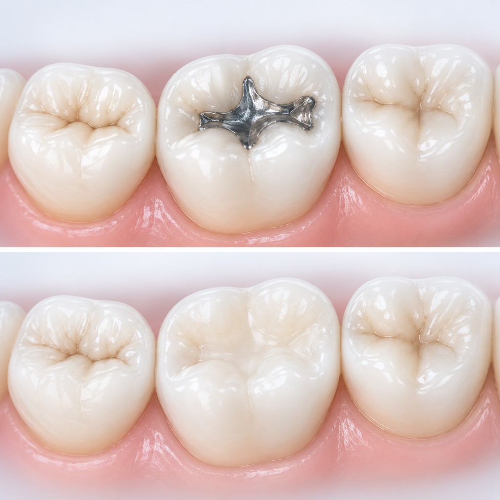 Before and after comparison showing a dark metal filling replaced with a natural white composite filling