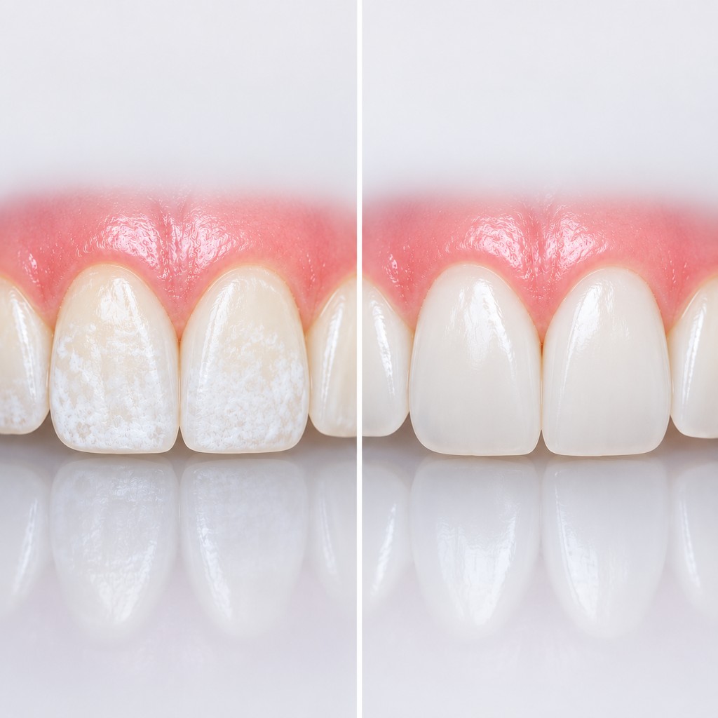 Before and after comparison showing white spot enamel defects removed for a uniform bright smile